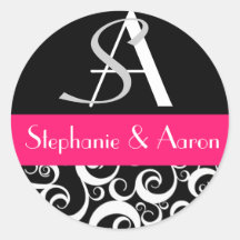 Damask Wedding Monogram in Black and Hot Pink Stickers