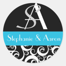 Damask Wedding Monogram in Black and Turquoise Round Sticker