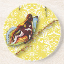 Damask Wildflowers, BUTTERFLY in Yellow Drink Coasters