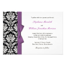 Damask With Purple Bow Wedding Invitation