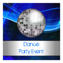 Dance Party Event Blue Silver Mirrorball Custom Invitations