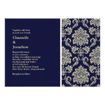 Dark Blue and Cream Damask Wedding Invitation