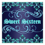 Dark Blue Damask Print Sweet 16 Birthday Invite