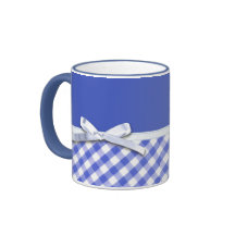 Dark blue gingham with white ribbon bow graphic mugs