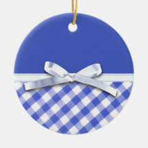 Dark blue gingham with white ribbon bow graphic ornament