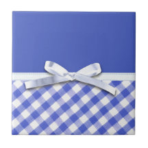 Dark blue gingham with white ribbon bow graphic tile