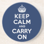Dark Blue Keep Calm and Carry On Beverage Coaster