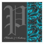 Dark Monogram "P" Teal Damask Metallic Invitation
