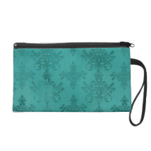 dark teal blue green distressed damask wristlet purse