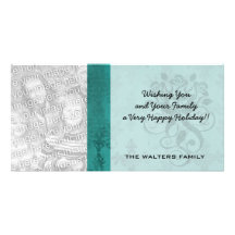 dark teal blue green distressed damask personalized photo card