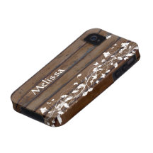 Dark Wood Look, White Floral Personalised Case-Mate iPhone 4 Cover