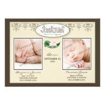 Darling 5x7 Twin Boy/Girl Taupe Birth Announcement