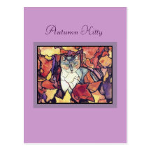 Darling Autumn Leaves Kitty Cat "stained glass" Postcard