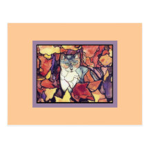 Darling Autumn Leaves Kitty Cat "stained glass" Postcard