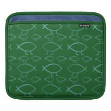 Darwin Fish (light blue on green) iPad Sleeves