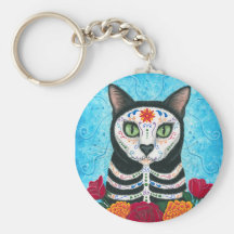 Day of the Dead Cat Sugar Skull Art Keychain