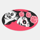 Day of the Dead Sugar Skull Girl - pink Oval Stickers