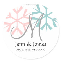 December Pink Blue Snowflake Monogram M Seal Round Sticker