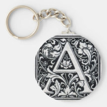 Decorative Letter "A" Woodcut Woodblock Inital Key Chains