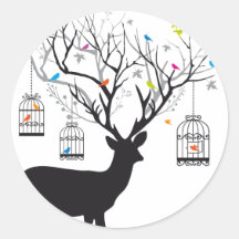 Deer with colourful birds and birdcages stickers