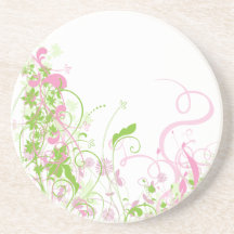 Delicate Pink & green floral swirls Beverage Coaster