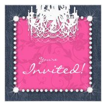 Denim n Diamonds Wedding Chandelier Floral Pink Custom Invitations