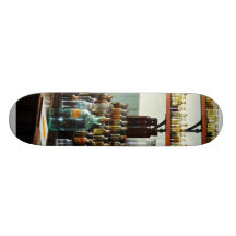Desk With Bottles of Chemicals Skate Boards