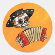 Dia de Muertos Skeleton Musician Round Sticker