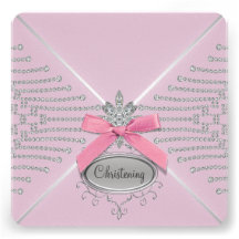 Diamond Bow Pink Christening Invitations
