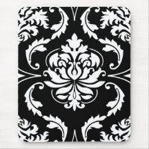 Diamond Damask in White on Black Mouse Mats