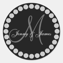 Diamond Monogram M Names Wedding Favour Labels Round Stickers