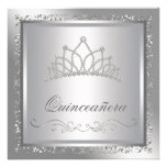 Diamond Tiara Elegant Silver Damask Quinceanera Personalised Announcement
