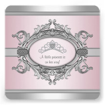 Diamond Tiara Grey Pink Princess Baby Girl Shower Custom Announcements