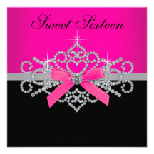 Diamonds Hot Pink Black Sweet 16 Birthday Party Custom Invitation