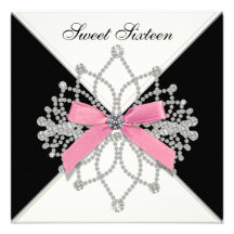 Diamonds Pink Black Sweet Sixteen Birthday Party Custom Announcements
