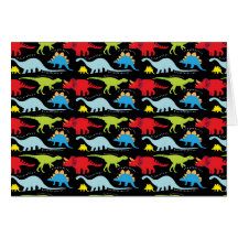 Dinosaur Designs Blue Red Green on Black Greeting Cards