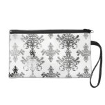 distressed black white intricate damask wristlet clutch