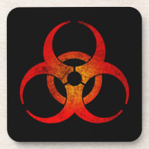 Distressed Red & Yellow Biohazard Symbol on Black Drink Coasters