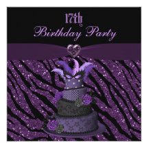 Diva Cake & Printed Zebra Glitter 17th Birthday Invitations