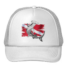 Dive flag with hammerhead shark-diver down trucker hats