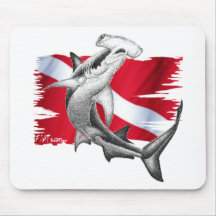 Dive flag with hammerhead shark-diver down mouse mats
