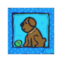 dog with ball on blue stretched canvas print