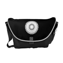 Doily. White lace circle design. On Black. Commuter Bags