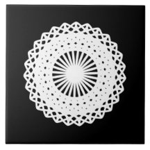 Doily. White lace circle design. On Black. Tile