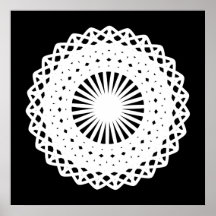 Doily. White lace circle. On Black. Print