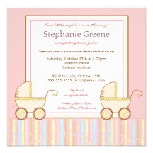 Double Carriage Twin Girl Baby Shower Invitation