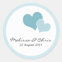 Double Heart Wedding Labels - Light Teal Round Stickers