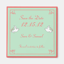 Doves with Hearts Save the Date Mint, Peach, White Magnets