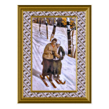 Downhill sking together post card