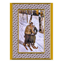 Downhill sking together postcard